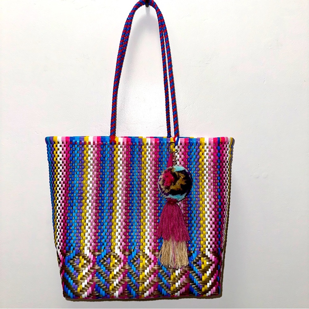 Handmade Bright Woven Tote with Pom Pom